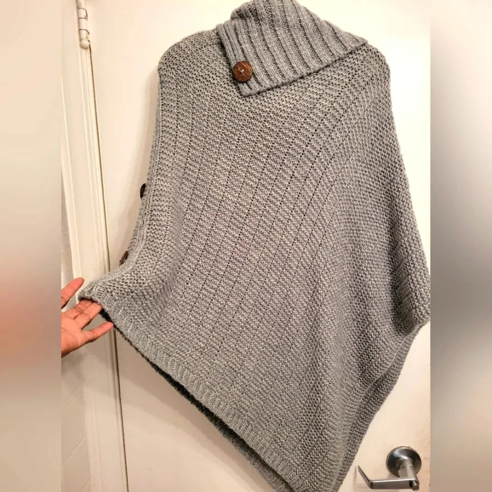 e LUNA gray knit split turtleneck pullover poncho sweater Women's OS warm cozy - Picture 5 of 7